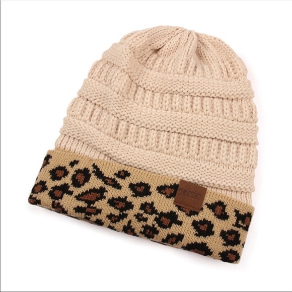 Heimish Accessories - Messy Bun Beanie Leopard Print